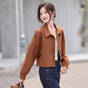 时尚翻领衬衫式薄款外套女2025秋季新款宽松百搭减龄花边拼接上衣图片