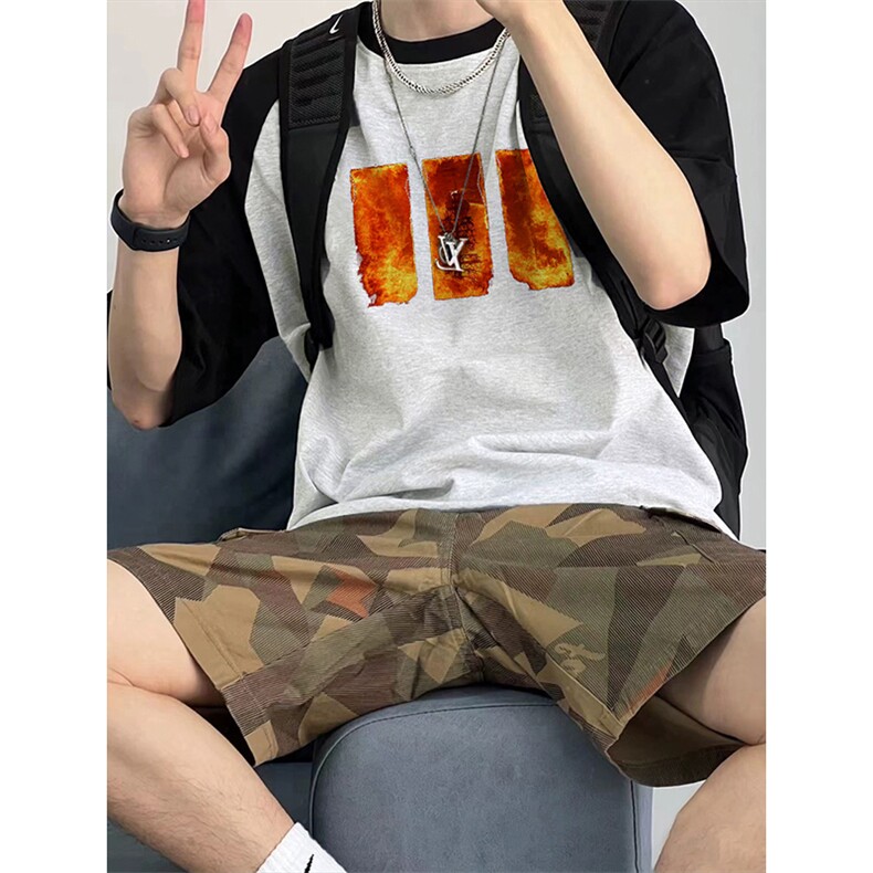 抖音得物高品质二开240克宽松纯棉美式潮牌插肩袖拼接短袖T恤,男装T恤,电商A486