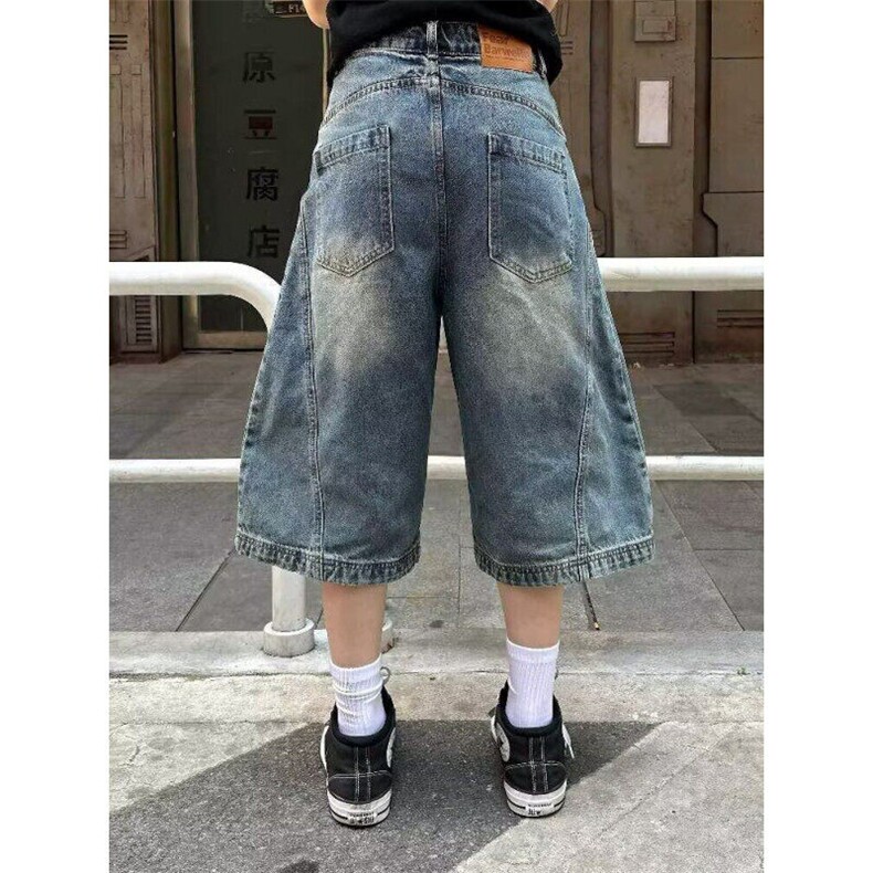 美式复古夏季结构弯刀七分牛仔裤男女潮宽松直筒短裤LD9033-p48,男装牛仔裤,星座1008