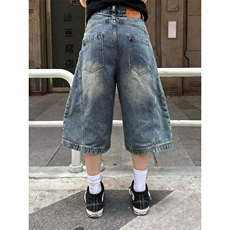 美式复古夏季结构弯刀七分牛仔裤男女潮宽松直筒短裤LD9033-p48，男装牛仔裤，星座1008