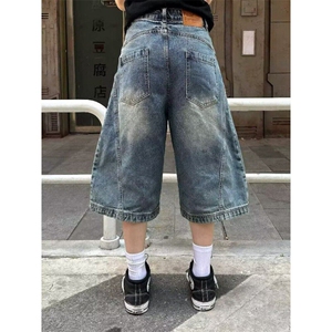 美式复古夏季结构弯刀七分牛仔裤男女潮宽松直筒短裤LD9033-p48图片