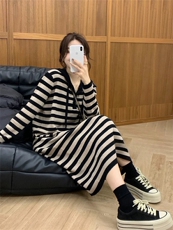 连帽毛衣女秋冬2024新款条纹慵懒风针织衫连衣裙，女装连衣裙，思途羊绒