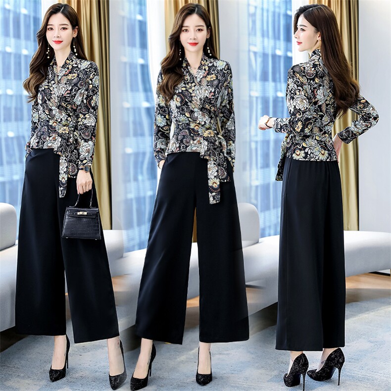 2021春秋装新款印花时尚阔腿裤套装两件套，女装套装/套裙，天丝秀