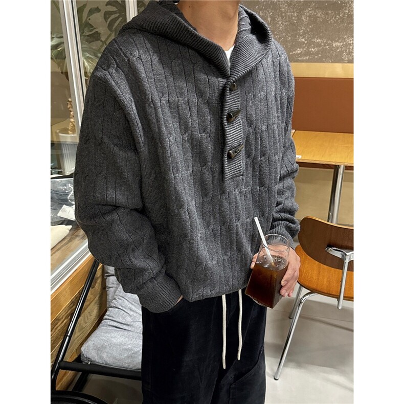 秋冬男士牛角扣毛衣毛衣宽松连帽毛线衣青年针织衫外套，男装针织衫/毛衣，星座410-7