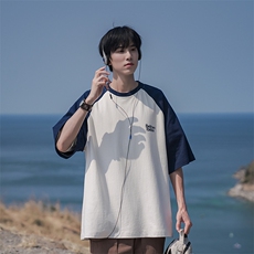 重磅纯棉日系230g少年感插肩袖T恤打底衫拼接B225-T9208-P42-X55，男装T恤，电商B225
