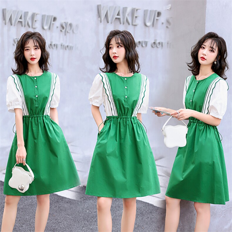 欧洲站2026夏季新款拼接撞色收腰荷叶边甜美泡泡袖衬衫直筒连衣裙，女装连衣裙，兰菲阁