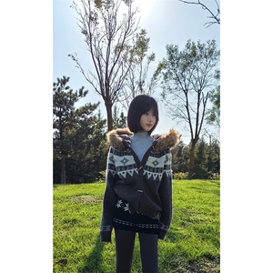 重磅北极绒座山雕大毛毛领毛衣外套冬美式复古休闲慵懒风针织开衫图片