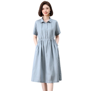 天丝亚麻抽绳收腰显瘦连衣裙女夏宽松大码洋气减龄中年妈妈40岁50图片