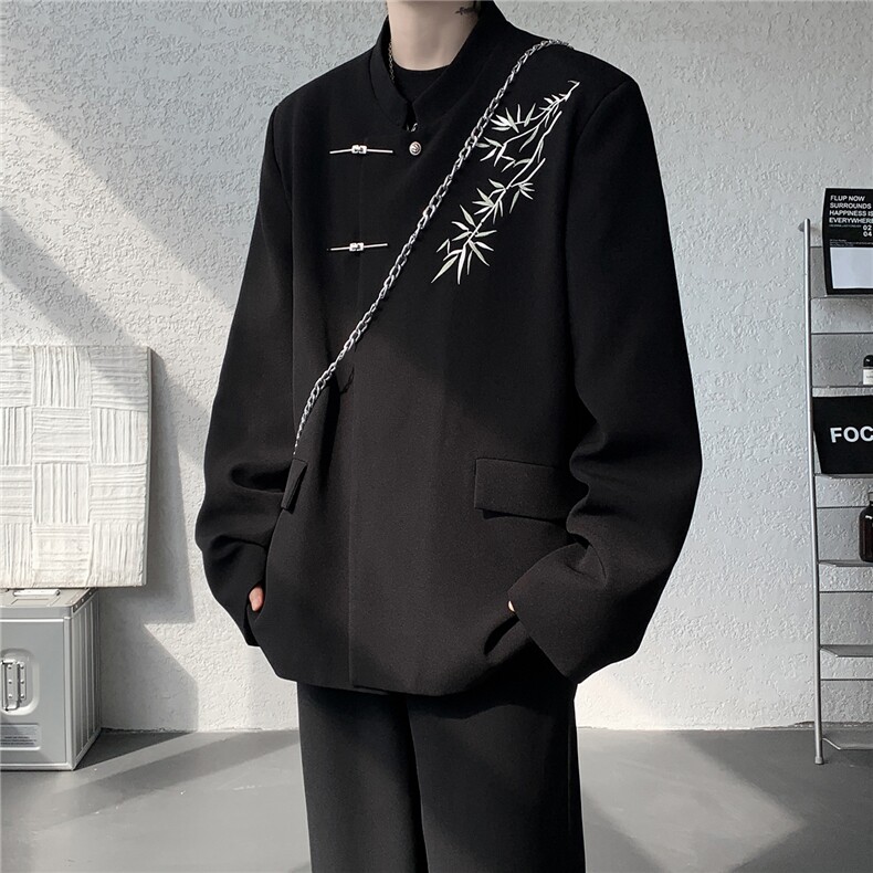 新中式刺绣西服外套大码风立领金属扣垫肩夹克中山装LX001特P85图片