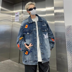 美式蝴蝶贴布水洗牛仔外套男女春秋复古宽松情侣百搭夹克JW341，男装工装外套，星座1116A-1（原606A）