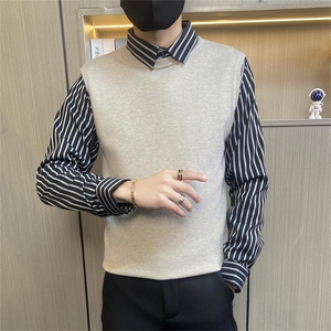 C3160-P68控88社会小伙衬衫领假两件毛衣男男士修身打底针织衫图片