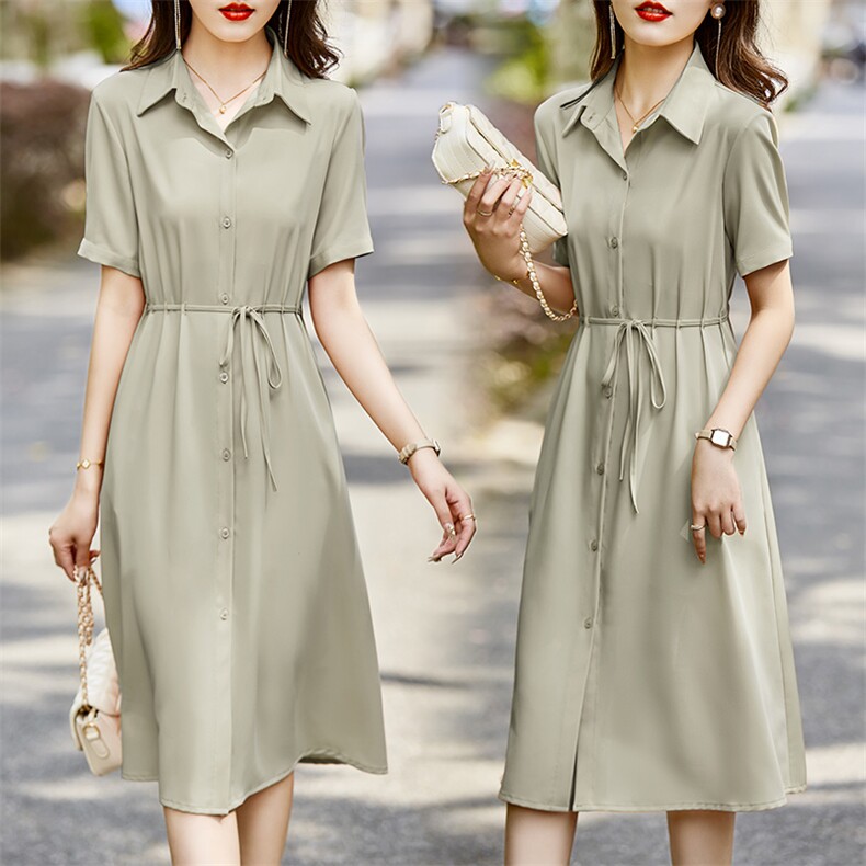 女装新款2024年夏季休闲风短袖系带调节腰纯色POLO领中长款连衣裙，女装连衣裙，初闻兮