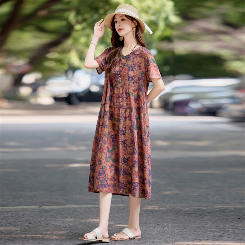时尚休闲印花棉麻短袖连衣裙女2025夏新款简约宽松复古文艺风裙子,女装连衣裙,依万里