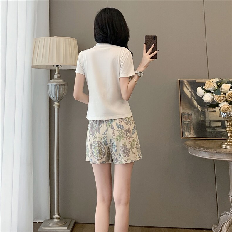重工减龄时尚套装女夏设计感圆领印花马甲假两件套阔腿短裤两件套,女装套装/套裙,江南