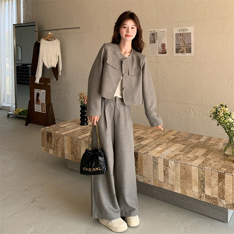 灰色时尚套装女春季2025新款高级感小香风短外套阔腿裤气质两件套,女装套装/套裙,浙宝069