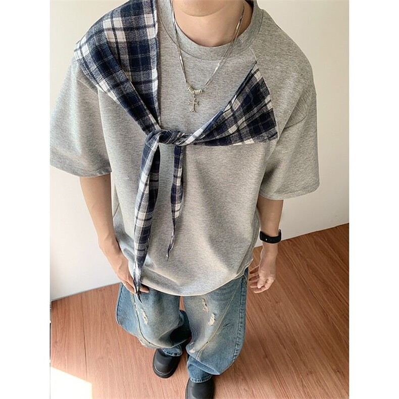 T恤男女韩版潮流短袖宽松百搭拼接格子2025夏季ins体恤ST605-P46图片