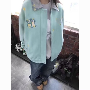 wx101-P70 刺绣棒球服撞色上衣百搭春秋季学院风男女情侣拼接图片