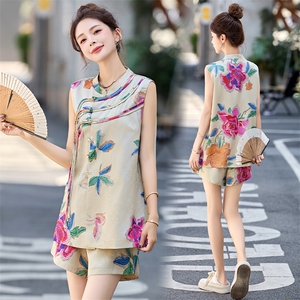 新中式盘扣印花旗袍套装女2025夏新款国风时髦无袖背心短裤两件套，女装套装/套裙，橙子家