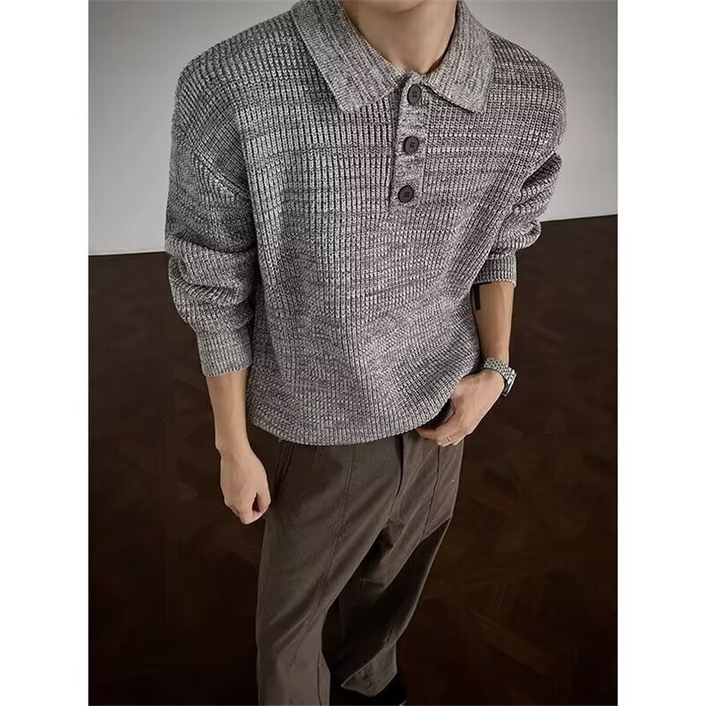 网络图慵懒风休闲轻奢翻领男polo衫简约纯色细条磨毛针织毛衣，男装针织衫/毛衣，星座410-7
