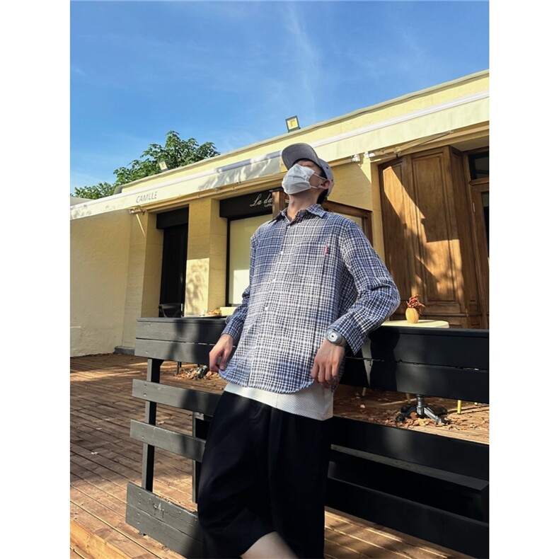 格纹拼接长袖衬衫男女秋季新款宽松休闲帅气慵懒风衬衣男C21,男装衬衫,星座516A