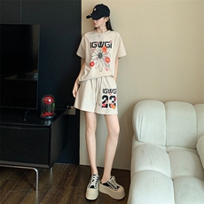 时尚休闲运动套装女夏季新款韩版宽松显瘦印花短袖阔腿短裤两件套，女装套装/套裙，江南