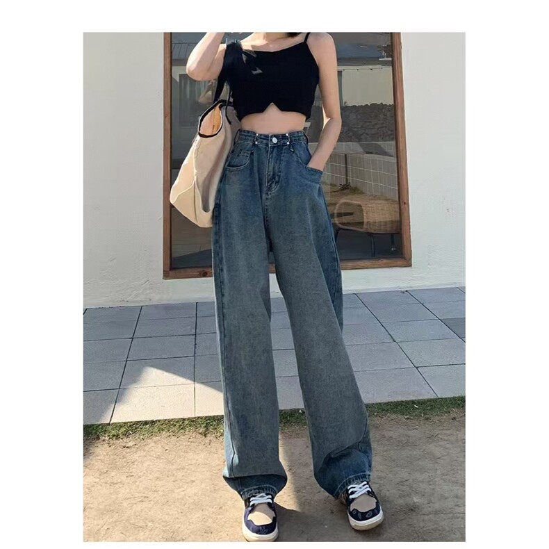 高腰显瘦阔腿牛仔裤女2025新款夏季破洞小个子直筒复古宽松拖地裤图片