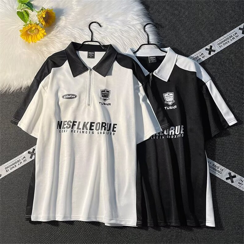 夏季polo衫短袖t恤男美式复古街头宽松拼接撞色翻领体恤PL48P34，男装T恤，星座1013-5