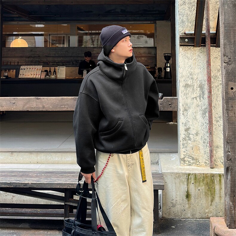 抖音得物高品质25秋冬美式高街宽松结构防风高领连帽卫衣外套W60，男装卫衣，电商A486