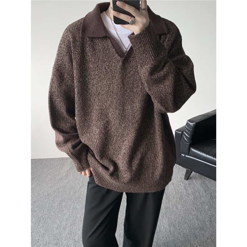 现货MY7153-特P65高密老钱风小翻领毛衣男女宽松polo领大码针织衫,男装针织衫/毛衣,电商A059