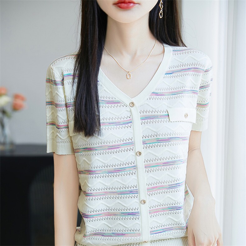 今年新款2025夏显瘦减龄百镂空彩色条纹针织衫V领短袖上衣女上衣,针织衫/毛衣,皓宇羊绒