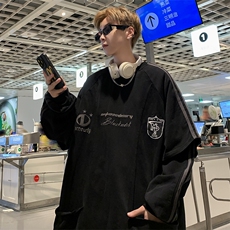 秋款男圆领套头卫衣假两件字母印花条纹勋章夹克外套WY8535P45，男装卫衣，星座1013-1