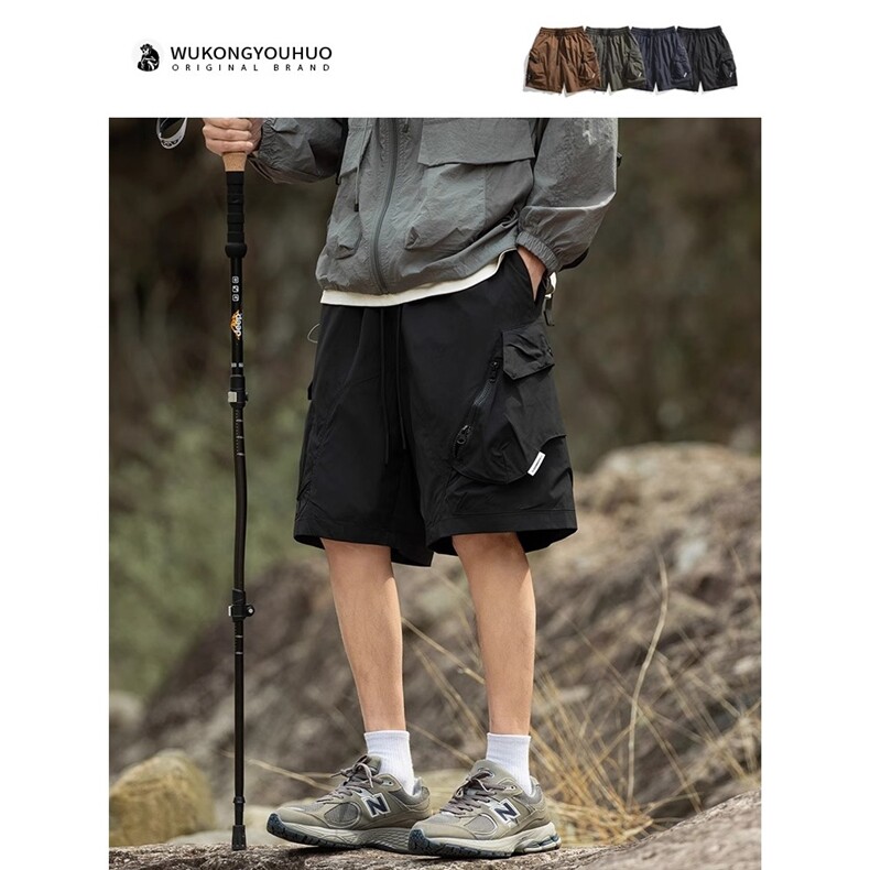 潮牌军绿色工装短裤男夏高街痞帅直筒运动中裤美式户外休闲五分裤，男装牛仔裤，星座1210-1