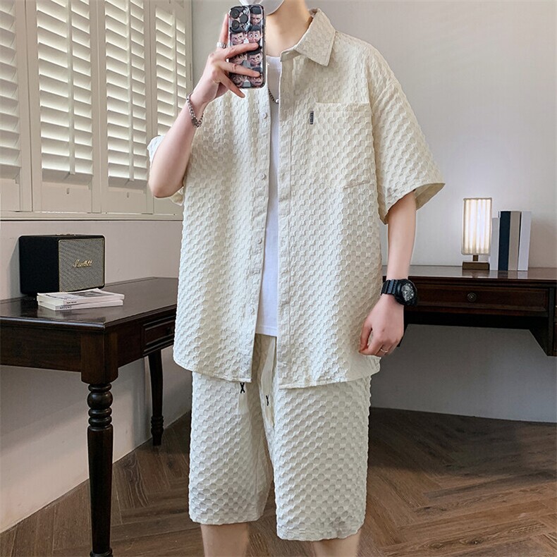 T502-P802025春夏男士时尚休闲冰丝衬衣套装短袖短裤,男装休闲套装,星座507A（原星座306B-2）