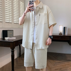 T502-P80 2025春夏男士时尚休闲冰丝衬衣套装短袖短裤图片