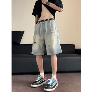 牛仔裤纯色破洞水洗短裤男休闲中裤机能户外五分裤子 DM761图片