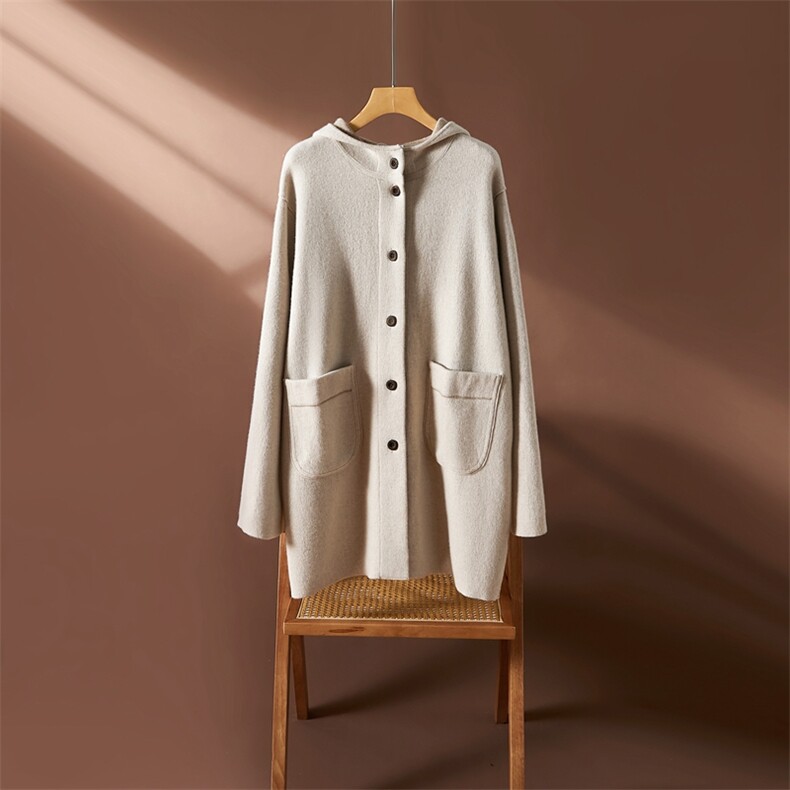 撞色空气层羊绒中长款开衫针织外套宽松大衣带兜设计秋冬新款女装，女装羊绒大衣，朵沐纯羊绒