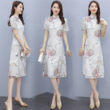 2023夏装新款简约时尚旗袍领设计优雅气质修身显瘦连衣裙，女装连衣裙，媚琳依坊