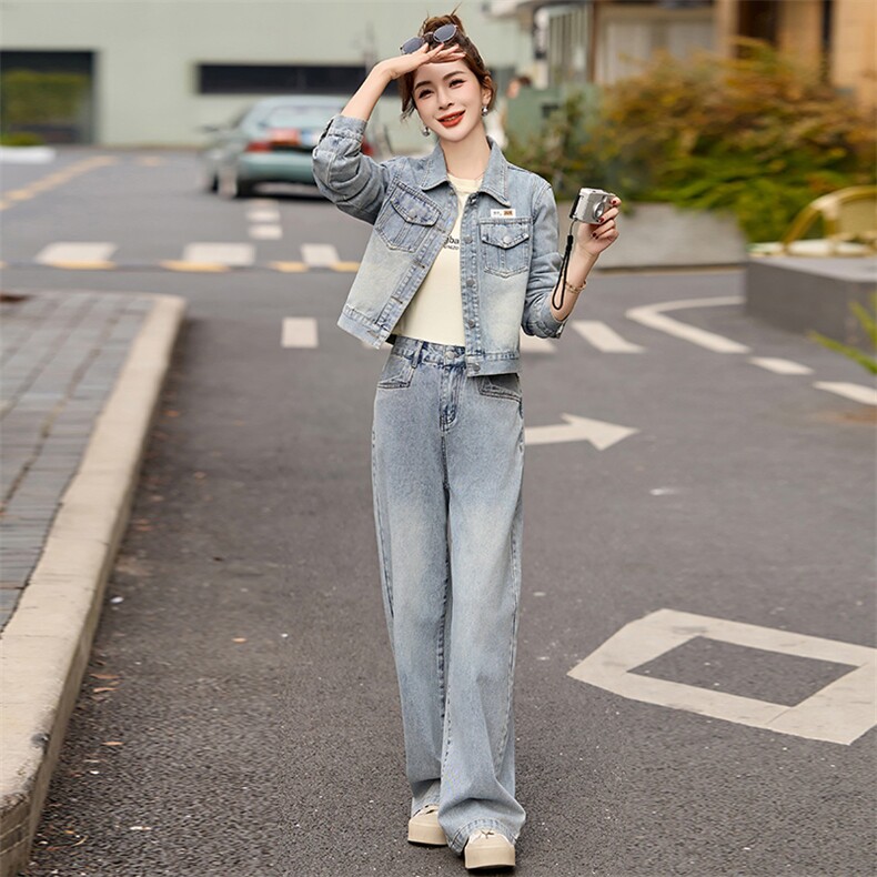 牛仔时尚套装女2025春季爆款小个子休闲洋气显瘦百搭气质两件套潮,女装短外套,新感觉