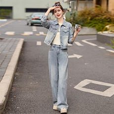 牛仔时尚套装女2025春季爆款小个子休闲洋气显瘦百搭气质两件套潮，女装短外套，新感觉