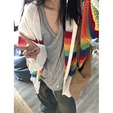 【有货】彩虹镂空连帽针织开衫男女罩衫情侣衬衫外套2401CC-特P48，男装衬衫，星座1007（原301D）