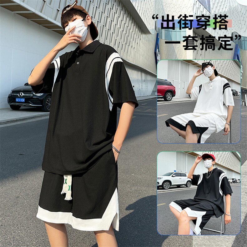 主推大码港风情侣冰丝防晒polo短袖T恤五分裤休闲套装S17P65,男装休闲套装,电商B226