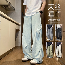 夏季新款潮流假口袋褶皱宽松休闲冰丝裤B315-K25735-特p30控58，男装休闲裤，电商B315