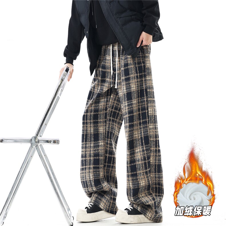 YK359加绒特P45无影墙冬款加绒加厚氛围感格子宽松阔腿休闲裤，男装卫衣，电商A249