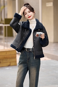 复古美式翻领羊羔毛外套女2024冬季小个子短款皮毛一体麂皮绒棉服图片