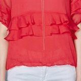 时尚夏季简约纯色V领短袖荷叶边套头雪纺衫，女装蕾丝衫/雪纺衫，安之芮娜