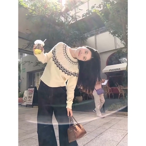重磅秋冬装北极绒套头毛衣美式复古休闲慵懒风提花工艺针织衫外套图片