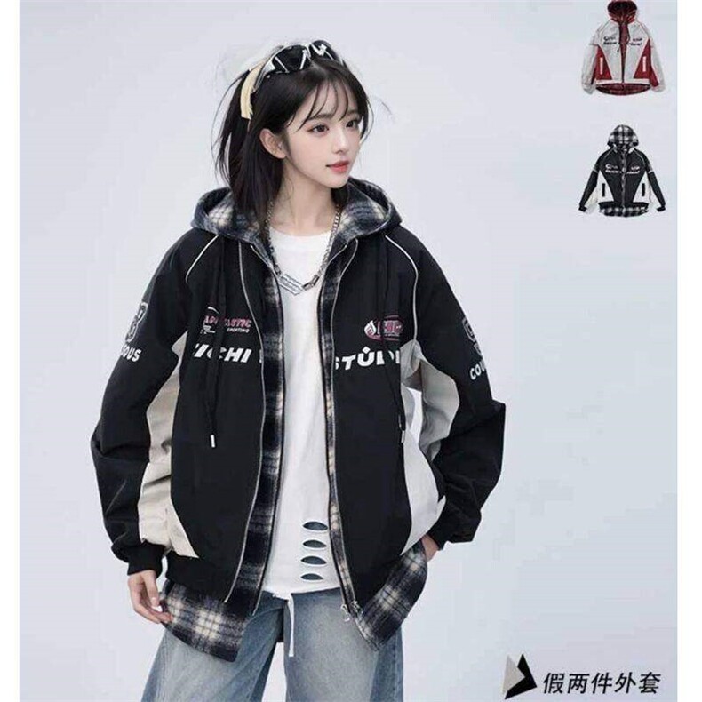 春季新款港风美式潮牌假两件字母印花连帽夹克XZ213-JK6666-P80,男装夹克,星座213