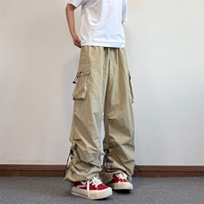 褶皱拼接降落伞兵裤男生春秋季多口袋机能风潮牌宽松直筒阔腿长裤，男装工装外套，星座1008-1