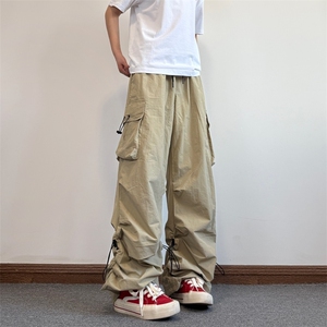 褶皱拼接降落伞兵裤男生春秋季多口袋机能风潮牌宽松直筒阔腿长裤图片