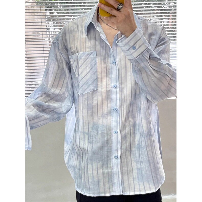 青春流行新款气质休闲长袖ins衬衫尖领潮百搭男女情侣夏季防晒衣图片